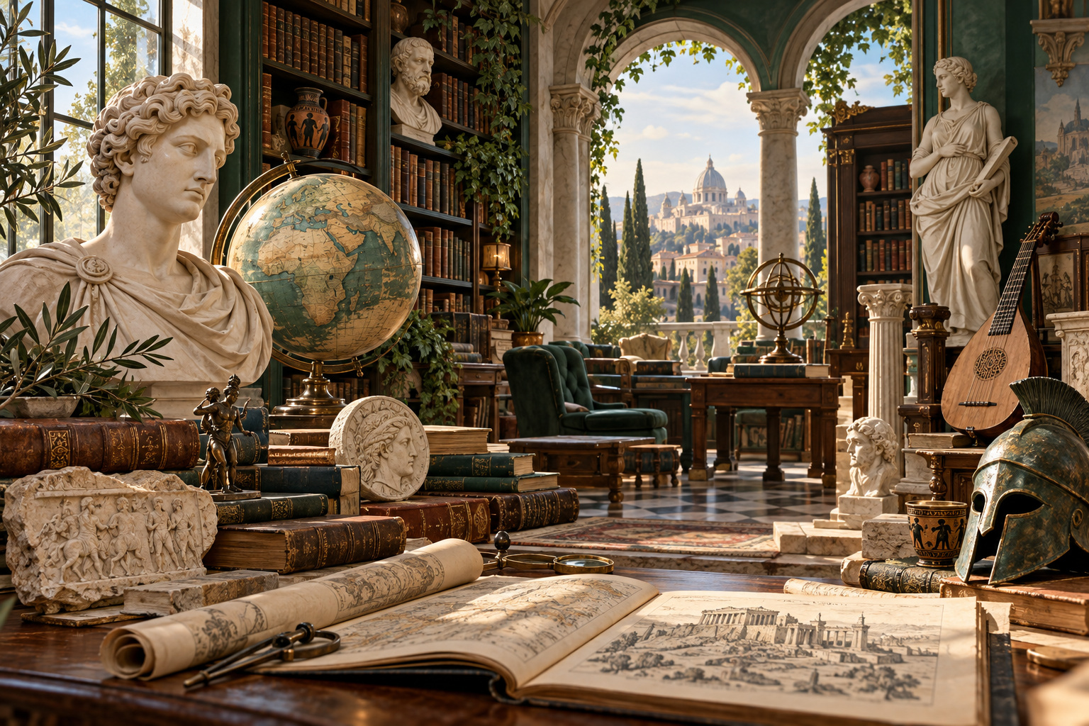 Books, sculpture and cultural artifacts in a sunlit library